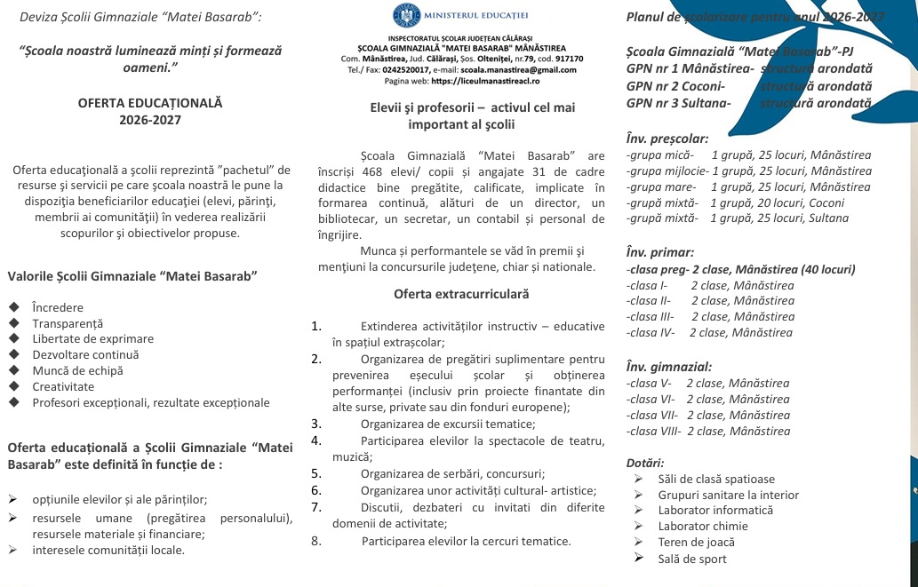 Oferta educationala a Scolii Gimnaziale “Matei Basarab” pentru 2026 - 2027